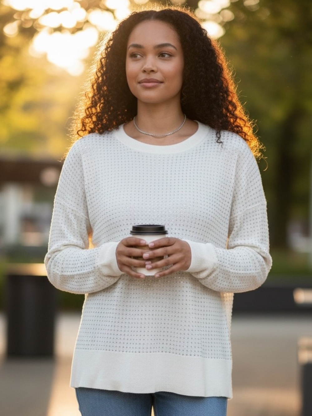Zara Cream Knit Top with Silver Stud Detailing